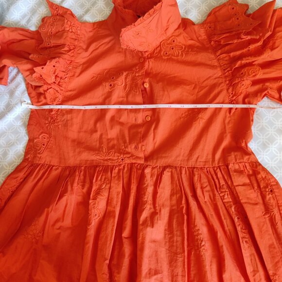 Zara Poplin Embroidered Midi Dress Eyelet Ruffled Puff Sleeve Orange - Picture 10 of 10